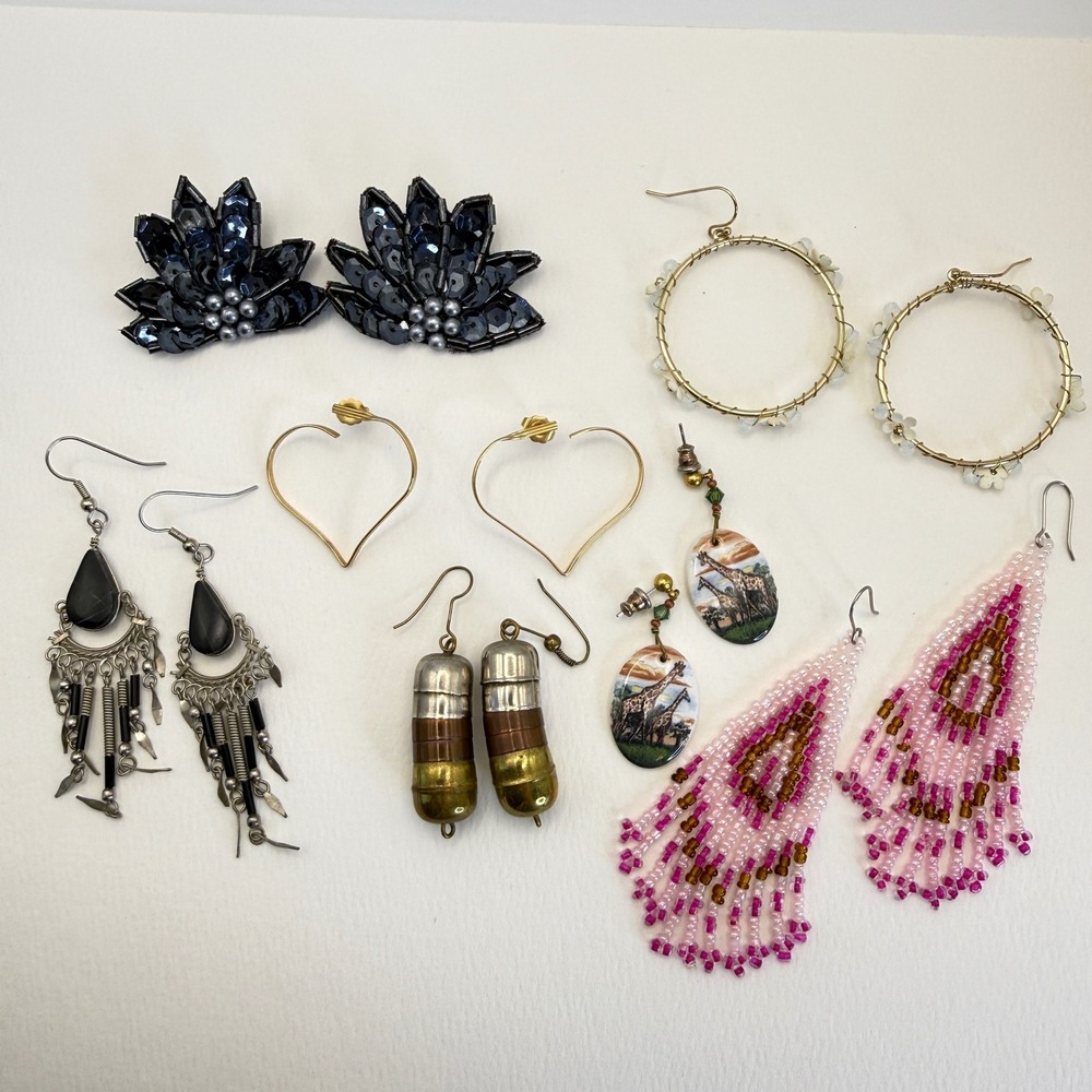 Mixed Lot 7 Pairs Statement Earrings Beaded Fringe Sequin Giraffe Heart‎ Hoop